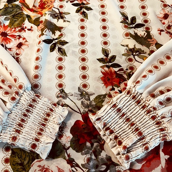 Jealous Tomato Cream Smoked/Ruffled High Neckline Long Sleeve Boho Blouse Sz Lg - Picture 10 of 11